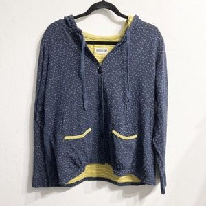 IRIDIUM Button Down Hood Cardigan Striped Lined Top Medium Navy Blue Yellow